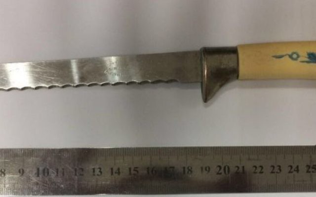 Le couteau confisqué par la police à un arabe de Jérusalem est le 18 janvier 2016. (Crédit : police israélienne) Le couteau confisqué par la police à un arabe de Jérusalem est le 18 janvier 2016. (Crédit : police israélienne)