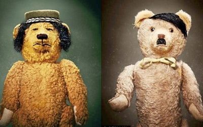 Une pub norvégienne avec des ours en peluche ressemblant à Mouammar Kadhafi et Adolf Hitler. (Crédit : capture d'écran)