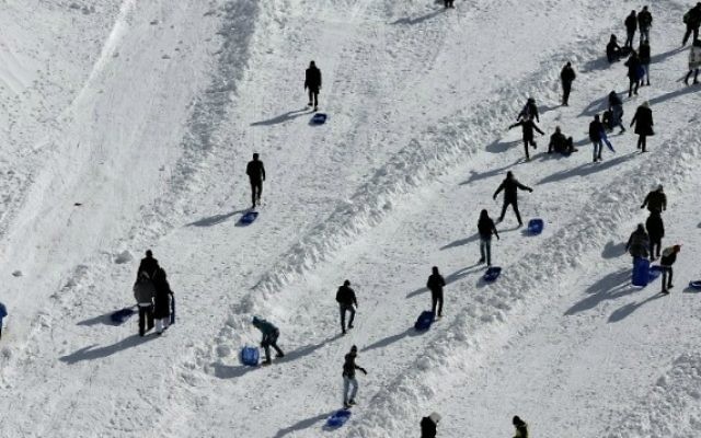 Luge sur le mont Hermon, le 21 janvier 2016. (Crédit : Thomas Coex/AFP) Luge sur le mont Hermon, le 21 janvier 2016. (Crédit : Thomas Coex/AFP)