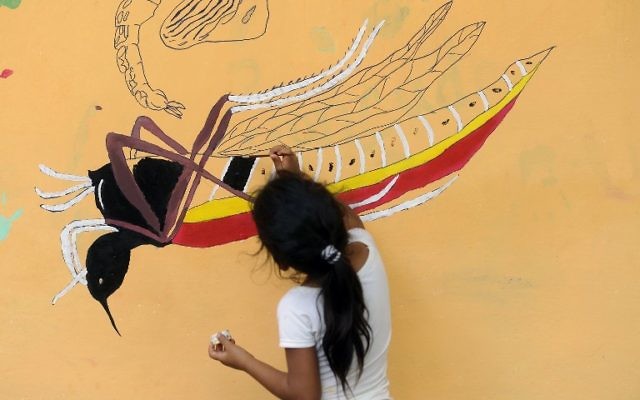 Une jeune fille peint une fresque qui éduque les gens sur un projet de lutte contre les moustiques dans le village de San Diego, à La Libertad, Salvador, le 4 février 2016 (Crédit : AFP PHOTO / MARVIN RECINOS) Une jeune fille peint une fresque qui éduque les gens sur un projet de lutte contre les moustiques dans le village de San Diego, à La Libertad, Salvador, le 4 février 2016 (Crédit : AFP PHOTO / MARVIN RECINOS)