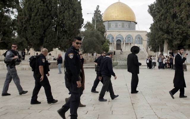 Des Juifs religieux sous la protection de la police israélienne lors d'une visite au mont du Temple dans la vieille ville de Jérusalem, le 27 octobre 2015. (Crédit : Ahmad Gharabli/AFP)
