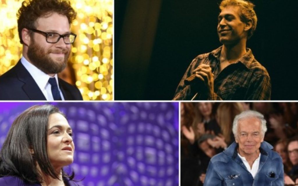 Dans le sens des aiguilles d'une montre : Seth Rogen, Matisyahu, Ralph Lauren et Sheryl Sandberg sont tous allés en camps d'été juifs. (Crédit : autorisation de JTA)