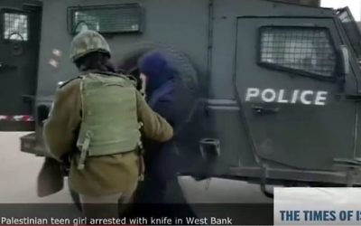 Une adolescente palestinienne arrêtée avec un couteau au carrefour Tapuah, près d'Ariel, en Cisjordanie, le 21 février 2016. (Crédit : capture d'écran YouTube/Times of Israel) Une adolescente palestinienne arrêtée avec un couteau au carrefour Tapuah, près d'Ariel, en Cisjordanie, le 21 février 2016. (Crédit : capture d'écran YouTube/Times of Israel)