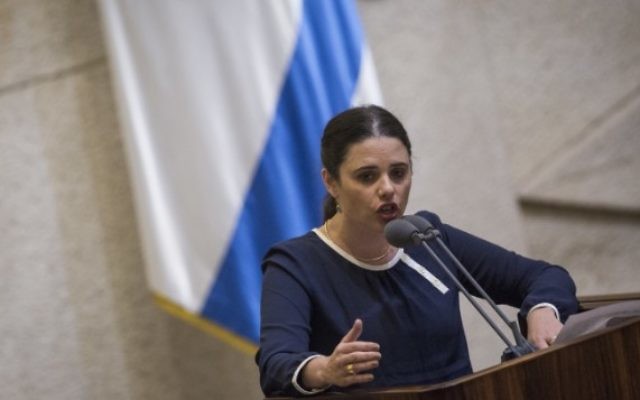 La ministre de la Justice Ayelet Shaked pendant la session plénière de la Knesset, avant le vote sur son projet de loi controversé sur les ONG, le 8 février 2016. (Crédit : Hadas Parush/Flash90)