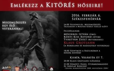 Un dépliant publicitaire pour un événement de la Journée des anciens combattants hongrois prévu pour le 6 février 2016, avec un officier SS et la légende «En souvenir des héros" (Autorisation)
