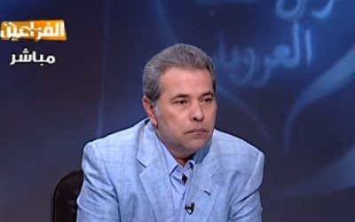 Animateur de la télévision égyptienne et membre du parlement, Tawfik Okasha (Crédit : Capture d'écran YouTube) Animateur de la télévision égyptienne et membre du parlement, Tawfik Okasha (Crédit : Capture d'écran YouTube)
