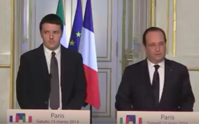 François hollande (d) et Matteo Renzi à l'Élysée, en mars 2014 (Crédit : Capture d’écran YouTube) François hollande (d) et Matteo Renzi à l'Élysée, en mars 2014 (Crédit : Capture d’écran YouTube)