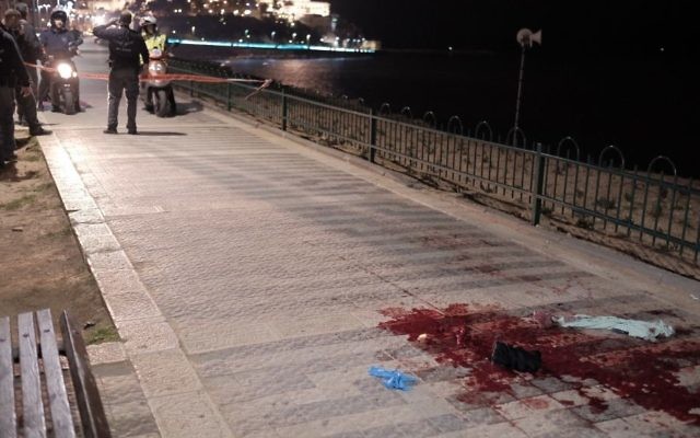 Les forces de sécurité et les secours sur les lieux d'une attaque au couteau qui a fait un mort et neuf blessés sur le port de Jaffa, le 8 mars 2016. (Crédit : Tomer Neuberg/Flash90) Les forces de sécurité et les secours sur les lieux d'une attaque au couteau qui a fait un mort et neuf blessés sur le port de Jaffa, le 8 mars 2016. (Crédit : Tomer Neuberg/Flash90)