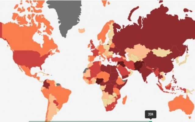 Une carte du monde en fonction du degré auquel ils sont frappés par le terrorisme. Israël a été classé 24e dans l'indice. (Crédit : capture d'écran humanity.org)