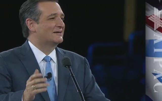 Ted Cruz, sénateur du Texas et candidat républicain à la présidentielle américaine, pendant la conférence politique annuelle de l'AIPAC, à Washington, le 21 mars 2016. (Crédit : capture d'écran AIPAC/JLTV) Ted Cruz, sénateur du Texas et candidat républicain à la présidentielle américaine, pendant la conférence politique annuelle de l'AIPAC, à Washington, le 21 mars 2016. (Crédit : capture d'écran AIPAC/JLTV)