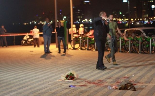 Le bord de mer à Jaffa après l'attaque au couteau qui a tué une personne et fait 9 blessés, le 8 mars 2016 (Crédit : Judah Ari Gross/Times of Israel) Le bord de mer à Jaffa après l'attaque au couteau qui a tué une personne et fait 9 blessés, le 8 mars 2016 (Crédit : Judah Ari Gross/Times of Israel)