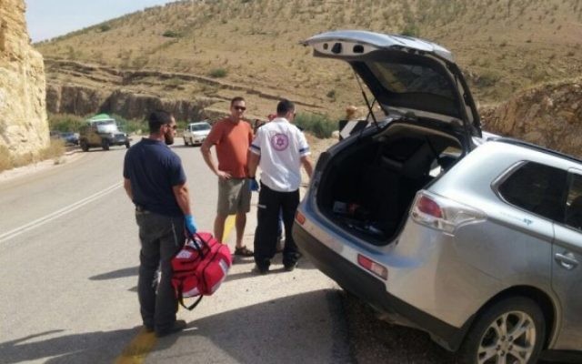 Les services d'urgence autour d'une voiture après un accident dans la vallée du Jourdain, le 24 avril 2016. Illustration. (Crédit : Magen David Adom) Les services d'urgence autour d'une voiture après un accident dans la vallée du Jourdain, le 24 avril 2016. Illustration. (Crédit : Magen David Adom)