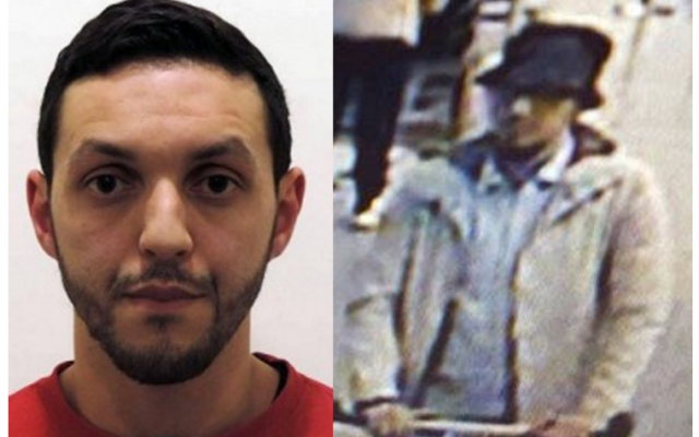Mohamed Abrini, suspect dans les attentats de Paris, à gauche sur une photo prise par la police belge, a avoué être le "troisième homme" de l'aéroport de Bruxelles, filmé  avec les deux hommes qui se sont fait exploser, le 22 mars 2016.  (Crédit : police fédérale belge/STR/AFP et Twitter)