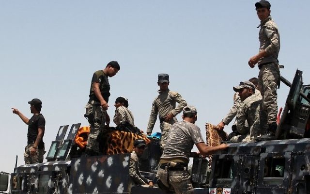 Les forces de sécurité irakiennes se rassemblent aux frontières de Falloujah pendant qu'elles préparent une opération pour reprendre la ville à l'Etat islamique, le 22 mai 2016. (Crédit : AFP/Ahmad al-Rubaye) Les forces de sécurité irakiennes se rassemblent aux frontières de Falloujah pendant qu'elles préparent une opération pour reprendre la ville à l'Etat islamique, le 22 mai 2016. (Crédit : AFP/Ahmad al-Rubaye)