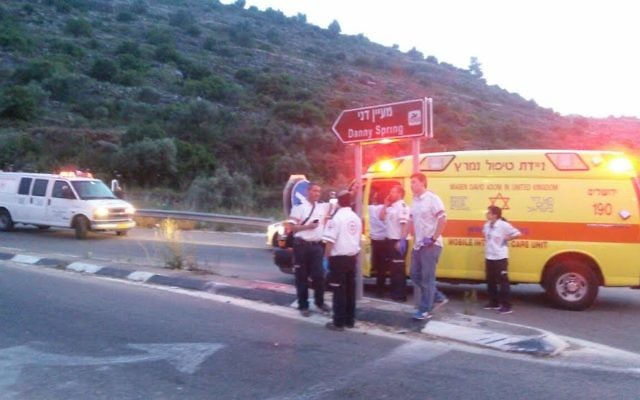 Une ambulance sur la scène d'une possible attaque à la voiture-bélier à Dolev, le 3 mai 2016 (Crédit : Magen David Adom) Une ambulance sur la scène d'une possible attaque à la voiture-bélier à Dolev, le 3 mai 2016 (Crédit : Magen David Adom)
