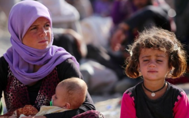 Archives : Une femme yazidie irakienne est assise avec ses enfants au camp Bajid Kandala près du fleuve du Tigre, dans la province de Dohouk à l'ouest du Kurdistan, où ils ont trouvé refuge après avoir fui les avancées par les djihadistes de l'Etat islamique en Irak, le 13 août 2014. (Crédit : AFP / Ahmad Al -Rubaye)