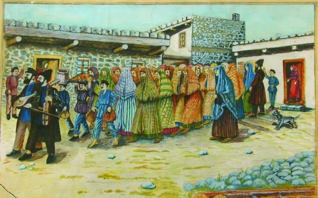 Une aquarelle de Shalom Koboshvili, intitulée "La mariée est guidée jusqu'au mikveh". (Crédits : Wiki Commons / Domaine public)