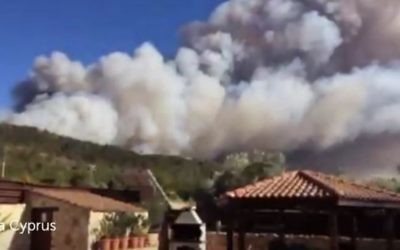 Un feu de forêt fait rage dans le village chypriote d'Argaka, dans la région Paphos, le 18 juin 2016. (Crédit : Twitter/James Archer)