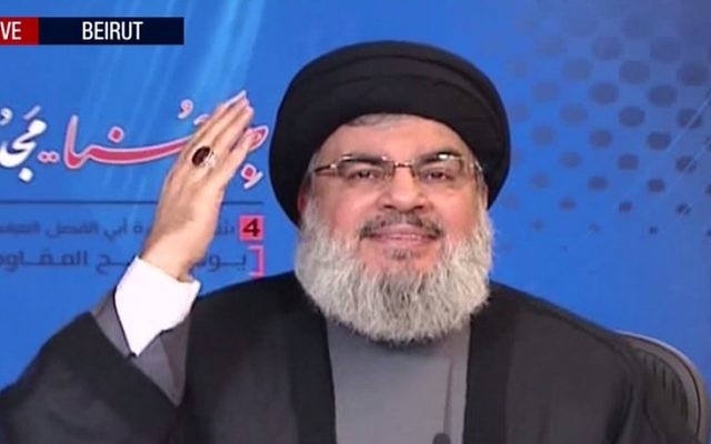 Le dirigeant du Hezbollah Hassan Nasrallah donne un discours depuis Beyrouth au Liban, le 12 mai 2016 (Crédit : capture d'écran Press TV)