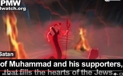 Un dessin animé diffusé sur une chaîne du Fatah, le parti de Mahmoud Abbas, montre des juifs conspirer avec le diable contre les musulmans et leur prophète, Mahomet. (Crédit : capture d'écran YouTube/PalWatch)