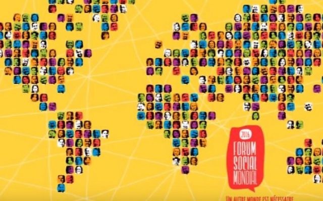 Affiche du Forum social mondial, organisé du 9 au 14 août 2016 à Montréal. (Crédit : capture d'écran YouTube/Foro social mundial)