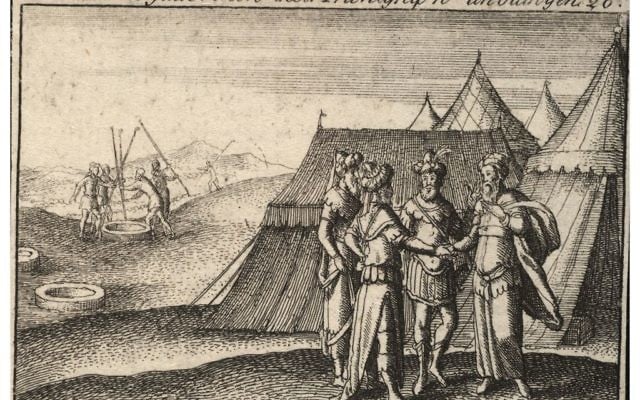 Lithographie représentant Abraham prêtant serment au roi philistin Abimélec. (Collection numérique Venceslaus Hollar de l'Université de Toronto)
