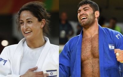 Les judokas israéliens Yarden Gerbi (à gauche) et Or Sasson (à droite) ont chacun remporté une médaille de bronze en judo aux Jeux olympiques de Rio, les 9 et 12 août 2016. (Crédit : AFP/Jack Guez, Toshifumi Kitamura)