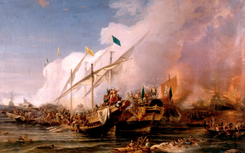 La bataille de Preveza par Ohannes Umed Behzad (1866) (Crédit : autorisation) La bataille de Preveza par Ohannes Umed Behzad (1866) (Crédit : autorisation)