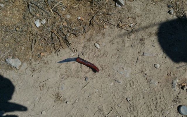 Couteau appartenant à un Palestinien arrêté quand il s'est approché d'un haut gradé israélien, près de l'implantation de Negohot, en Cisjordanie, au sud ouest de Hébron, le 30 septembre 2016. (Crédit : unité des porte-paroles de l'armée) Couteau appartenant à un Palestinien arrêté quand il s'est approché d'un haut gradé israélien, près de l'implantation de Negohot, en Cisjordanie, au sud ouest de Hébron, le 30 septembre 2016. (Crédit : unité des porte-paroles de l'armée)