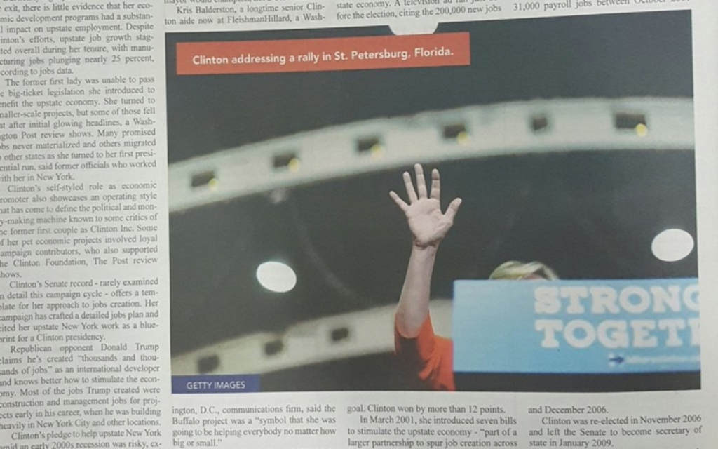 L'image tronquée d'Hillary Clinton dans un journal haredi (Crédit : Onlysimchas.org/JTA)