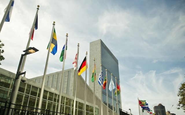 Drapeaux des états membres des Nations unies devant le siège de l'organisation à New York, le 25 septembre 2015. (Crédit : Michael Gottschalk/Photothek via Getty Images)