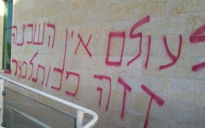Graffitis retrouvés sur les mur de la synagogue  réformée Kehilat Raanan à Raanana, le 24 novembre 2016. (Crédit : Yossi Cohen)