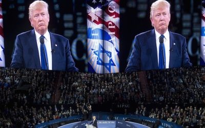 Donald Trump, alors candidat républicain à la présidentielle américaine, devant la conférence politique 2016 de l'AIPAC, à Washington, D.C., le 21 mars 2016. (Crédit : Saul Loeb/Getty Images/AFP via JTA)