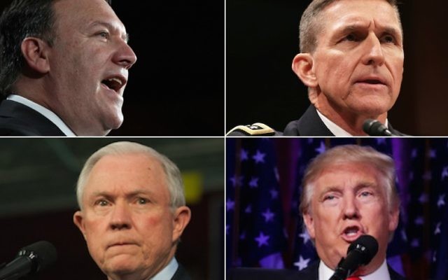 Dans le sens des aiguilles d'une montre, en partant du coin supérieur gauche : Mike Pompeo, Michael Flynn, Donald Trump et Jeff Sessions. (Crédit : Pompeo - Win McNamee/Getty Images ; Flynn - Alex Wong/Getty Images ; Trump - Chip Somodevilla/Getty Images ; Sessions - Jeff Swensen/Getty Images) Dans le sens des aiguilles d'une montre, en partant du coin supérieur gauche : Mike Pompeo, Michael Flynn, Donald Trump et Jeff Sessions. (Crédit : Pompeo - Win McNamee/Getty Images ; Flynn - Alex Wong/Getty Images ; Trump - Chip Somodevilla/Getty Images ; Sessions - Jeff Swensen/Getty Images)
