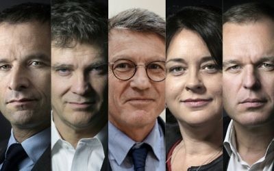 Les candidats à la primaire de la "Belle Alliance populaire" pour l'élection présidentielle française. De gauche à droite : Jean-Luc Bennahmias, Benoit Hamon, Arnaud Montebourg, Vincent Peillon, Sylvia Pinel, Francois de Rugy, et Manuel Valls. (Crédit : Joël Saget et Thomas Samson/AFP)