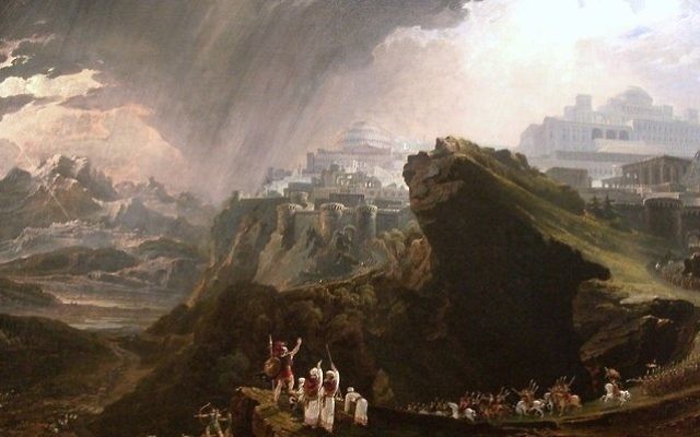 Josué commandant au soleil de s'arrêter sur Gabaon, John Martin, 1816 (Crédit : Wikipedia) Josué commandant au soleil de s'arrêter sur Gabaon, John Martin, 1816 (Crédit : Wikipedia)