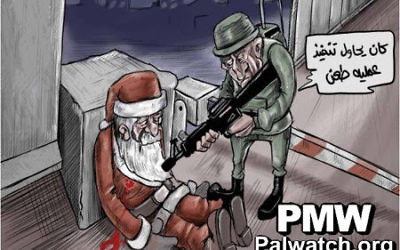 Dessin publié dans le quotidien de l'AP Al-Hayat Al-Jadida, le 28 décembre  2016. Le soldat israélien dit: "Il avait tenté de perpétrer des attaques au couteau" (Crédit : PMW)