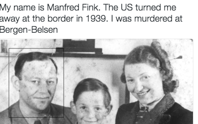 Une image publiée par un compte Twitter qui partage le nom et le destin des réfugiés juifs qui ont été refoulés par les Etats-Unis en 1939 pour marquer la Journée internationale de commémoration de l'Holocauste, en janvier 2017. (Crédit : JTA) Une image publiée par un compte Twitter qui partage le nom et le destin des réfugiés juifs qui ont été refoulés par les Etats-Unis en 1939 pour marquer la Journée internationale de commémoration de l'Holocauste, en janvier 2017. (Crédit : JTA)