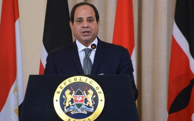 Le président égyptien Abdel Fattah el-Sissi pendant une conférence de presse à Nairobi, le 18 février 2017. (Crédit : Simon Maina/AFP)