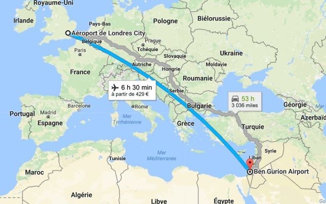 Ligne Londres-Tel Aviv. La compagnie Wizz Air ouvrira dès juin 4  nouvelles lignes (Crédit capture d'écran/Google Maps)