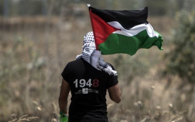 Un jeune Palestinien brandit son drapeau alors que l'armée israélienne cherche des tunnels à la frontière est de Gaza Ville, le 15 mai 2016, le jour du 68e anniversaire de la Nakba, la "catastrophe" de la création de l'Etat d'Israël. (Crédit : Mahmud Hams/AFP) Un jeune Palestinien brandit son drapeau alors que l'armée israélienne cherche des tunnels à la frontière est de Gaza Ville, le 15 mai 2016, le jour du 68e anniversaire de la Nakba, la "catastrophe" de la création de l'Etat d'Israël. (Crédit : Mahmud Hams/AFP)