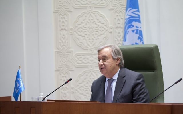 António Guterres, secrétaire général des Nations unies, à Ryad, le 12 février 2017. (Crédit : Mohammed Al Deghaishim/Nations unies) António Guterres, secrétaire général des Nations unies, à Ryad, le 12 février 2017. (Crédit : Mohammed Al Deghaishim/Nations unies)