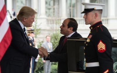 Le président américain Donald Trump, (à gauche!, avec son homologue égyptien, Abdel Fattah el-Sissi, à la Maison Blanche à Washington, D.C., le 3 avril 2017. (Crédit : Nicholas Kamm/AFP)