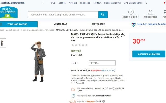 Le site Rue du Commerce, filiale du groupe Carrefour, propose un costume d'enfant déporté, avec badge d'identification, en avril 2017. (Crédit: capture d'écran site Carrefour) Le site Rue du Commerce, filiale du groupe Carrefour, propose un costume d'enfant déporté, avec badge d'identification, en avril 2017. (Crédit: capture d'écran site Carrefour)