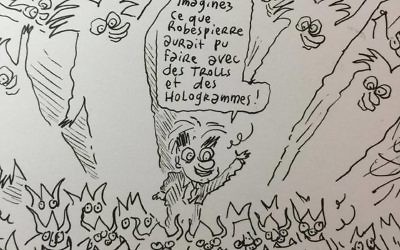 Jean-Luc Mélenchon caricaturé par Joan Sfar, entouré d'hologrames et de 'trolls' insoumis (Crédit: compte Facebook de J.Sfar)