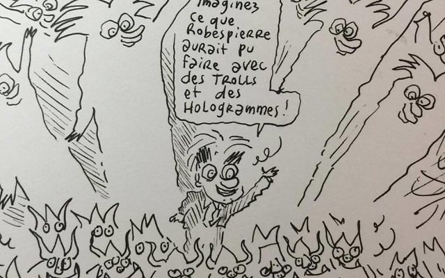 Jean-Luc Mélenchon caricaturé par Joan Sfar, entouré d'hologrames et de 'trolls' insoumis (Crédit: compte Facebook de J.Sfar)