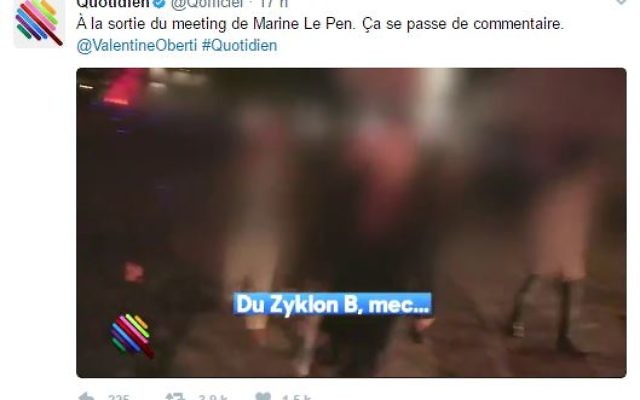 Des sympathisants FN, en sortant du meeting de Marine Le Pen, évoque en riant le gaz et le Zyklon B, le 17 avril 2016. (Crédit: capture d'écran Twitter/Quotidien)