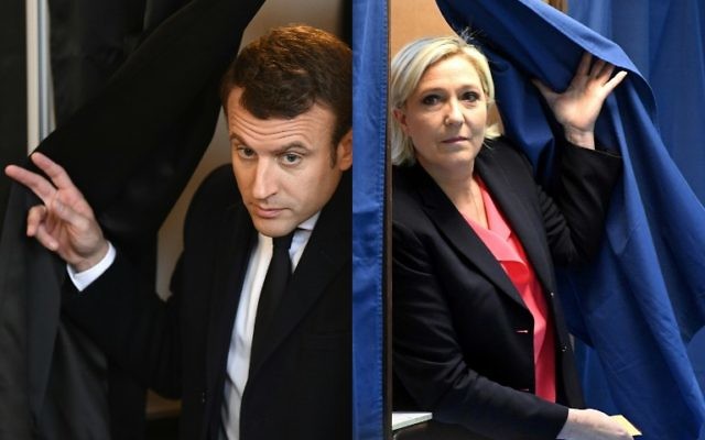 Sortie de l'isoloir pour les deux candidats du second tour de la présidentielle française, au Touquet pour Emmanuel Macron et à Hénin-Beaumont pour Marine Le Pen, le 7 mai 2017. (Crédit : Eric Feferberg et Alain Jocard/Pool/AFP) Sortie de l'isoloir pour les deux candidats du second tour de la présidentielle française, au Touquet pour Emmanuel Macron et à Hénin-Beaumont pour Marine Le Pen, le 7 mai 2017. (Crédit : Eric Feferberg et Alain Jocard/Pool/AFP)