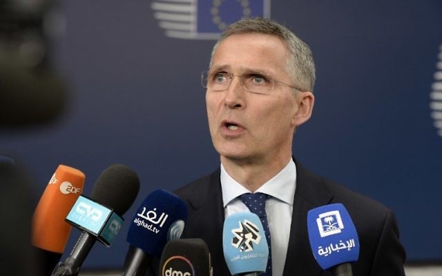 Jens Stoltenberg, secrétaire général de l'OTAN, au Conseil de l'Union européenne, à Bruxelles, le 18 mai 2017. (Crédit : Thierry Charlier/AFP) Jens Stoltenberg, secrétaire général de l'OTAN, au Conseil de l'Union européenne, à Bruxelles, le 18 mai 2017. (Crédit : Thierry Charlier/AFP)