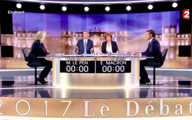 Marine Le Pen et Emmanuel Macron, le 4 mai 2017 (Crédit : Capture d’écran France TVInfo) Marine Le Pen et Emmanuel Macron, le 4 mai 2017 (Crédit : Capture d’écran France TVInfo)
